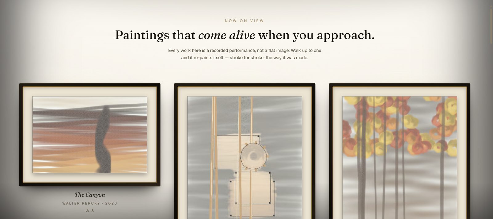 The Paintorio museum: three framed paintings under the heading 'Paintings that come alive when you approach.'